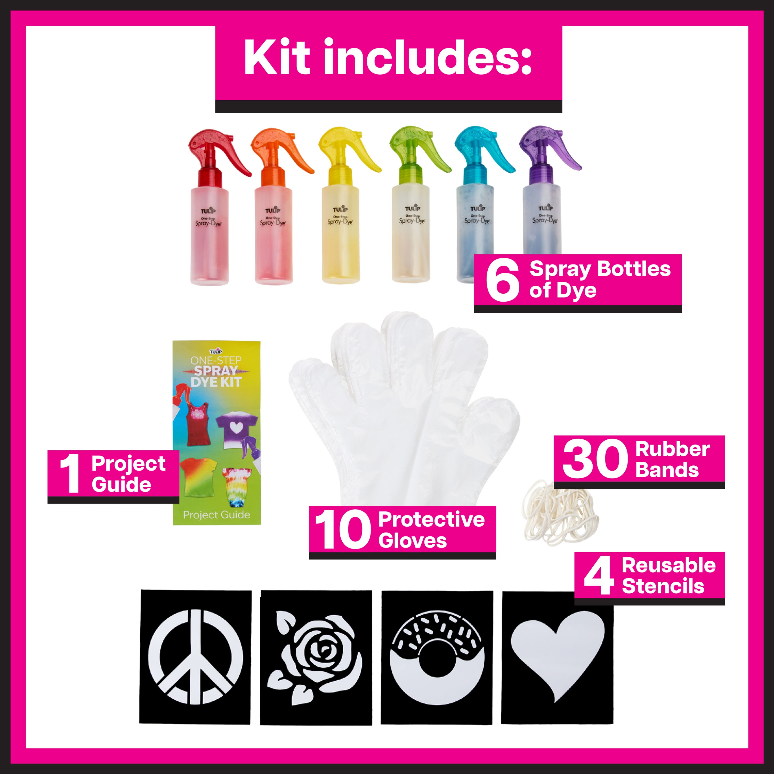 Tulip One-Step Spray Dye Kit, Easy Application with 6 Colors & 4 Stencils Included, Pre-Filled Powder in Bottles Party Activity, Outdoor Fun, Birthday Gift, Create Permanent Designs on Fabric, 51 Pcs