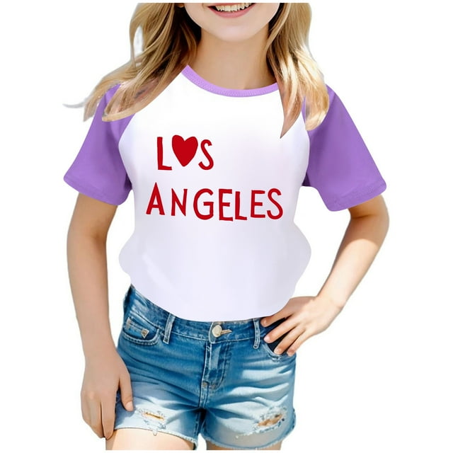MEZZALL T-Shirt Raglan Imprimé pour Filles et Garçons, Manches Courtes, Polyvalent, Violet, 3-4 Ans