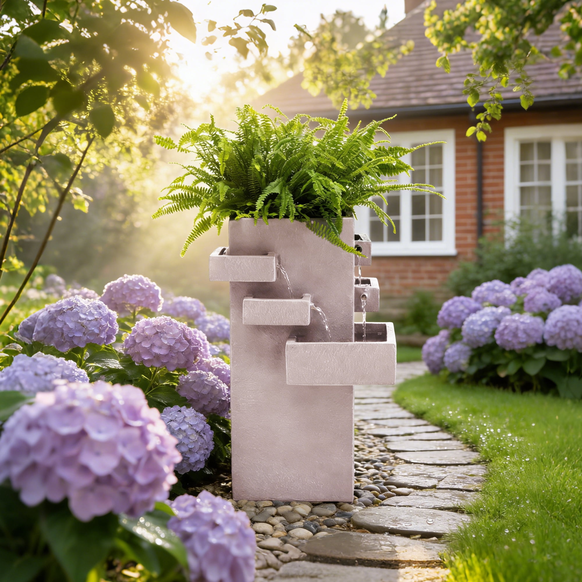 27.8" Outdoor Water Fountain with Tiered Waterfall Flow, Resin Waterfall Fountain for Outside, Indoor/Outdoor Water Feature for Garden, Patio