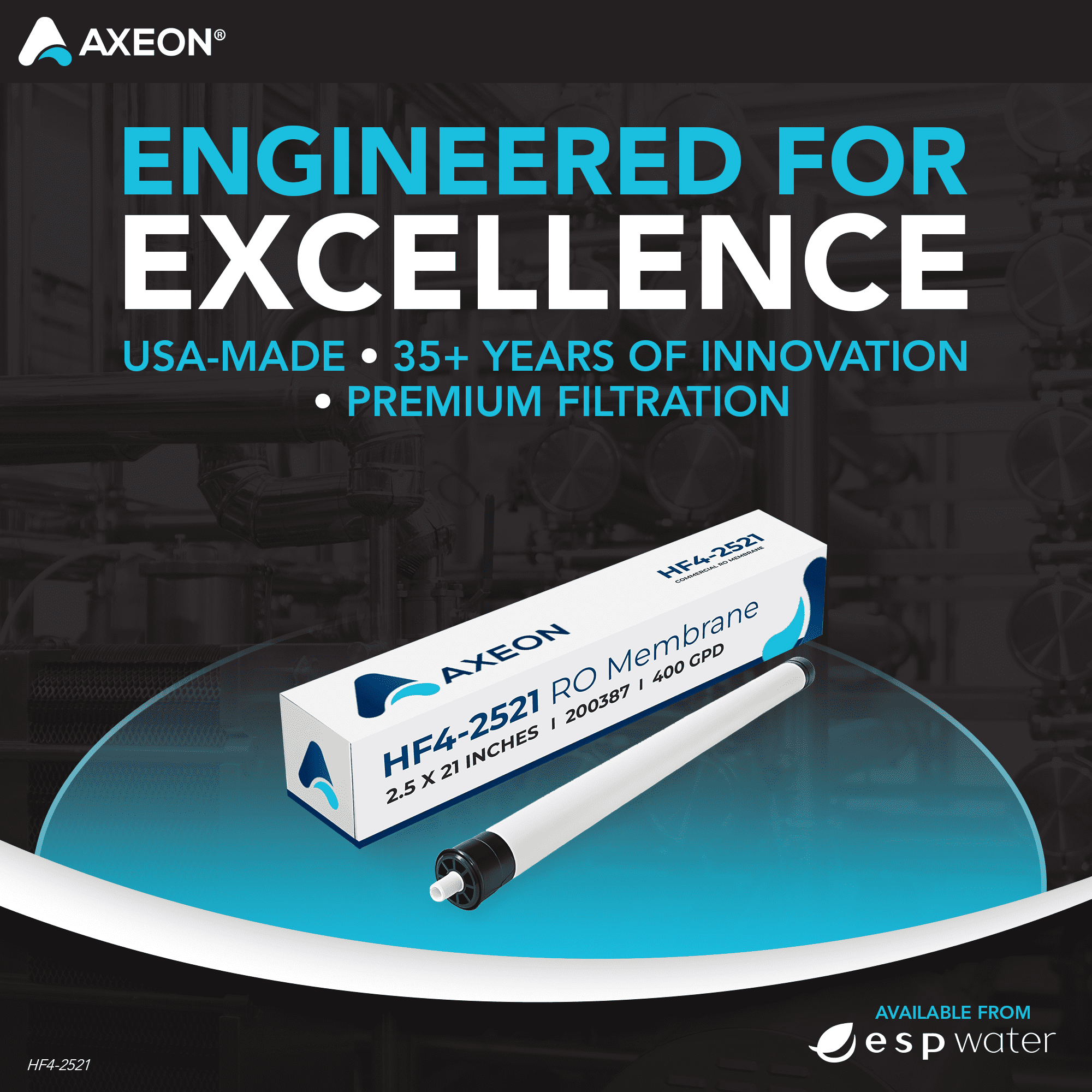 Axeon HF4-2521 RO Membrane – 400 GPD, 2.5 x 21 Inch, Low-Pressure Reverse Osmosis