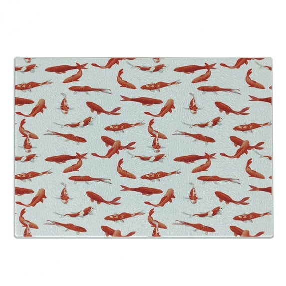 Koi Fish Cutting Board, Eastern Japanese Exotic Koi Fish Common Carp Calm Water Garden Graphic Design, Decorative Tempered Glass Cutting and Serving Board, Small Size, Orange, by Ambesonne