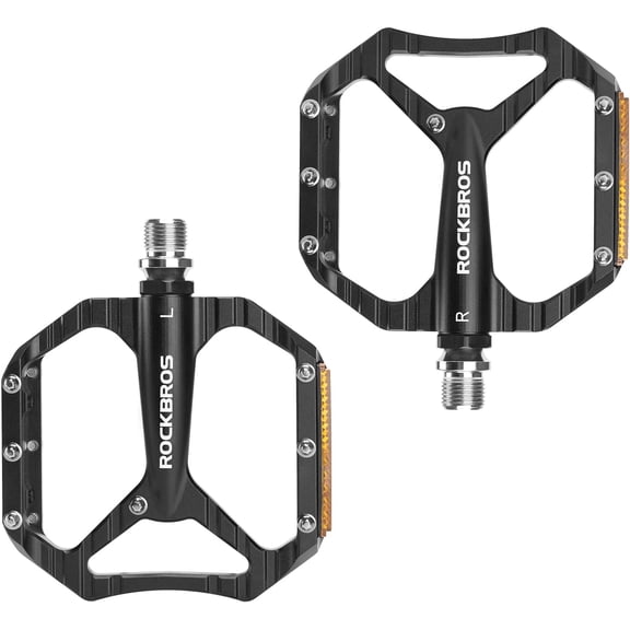ROCKBROS Mountain Bike Pedals 9/16", Aluminum Alloy Flat Pedals with Cr-Mo Axle, Sealed Bearings, Anti-Slip Pins & Reflective Strips, Lightweight Wide Platform for MTB Road Bike BMX
