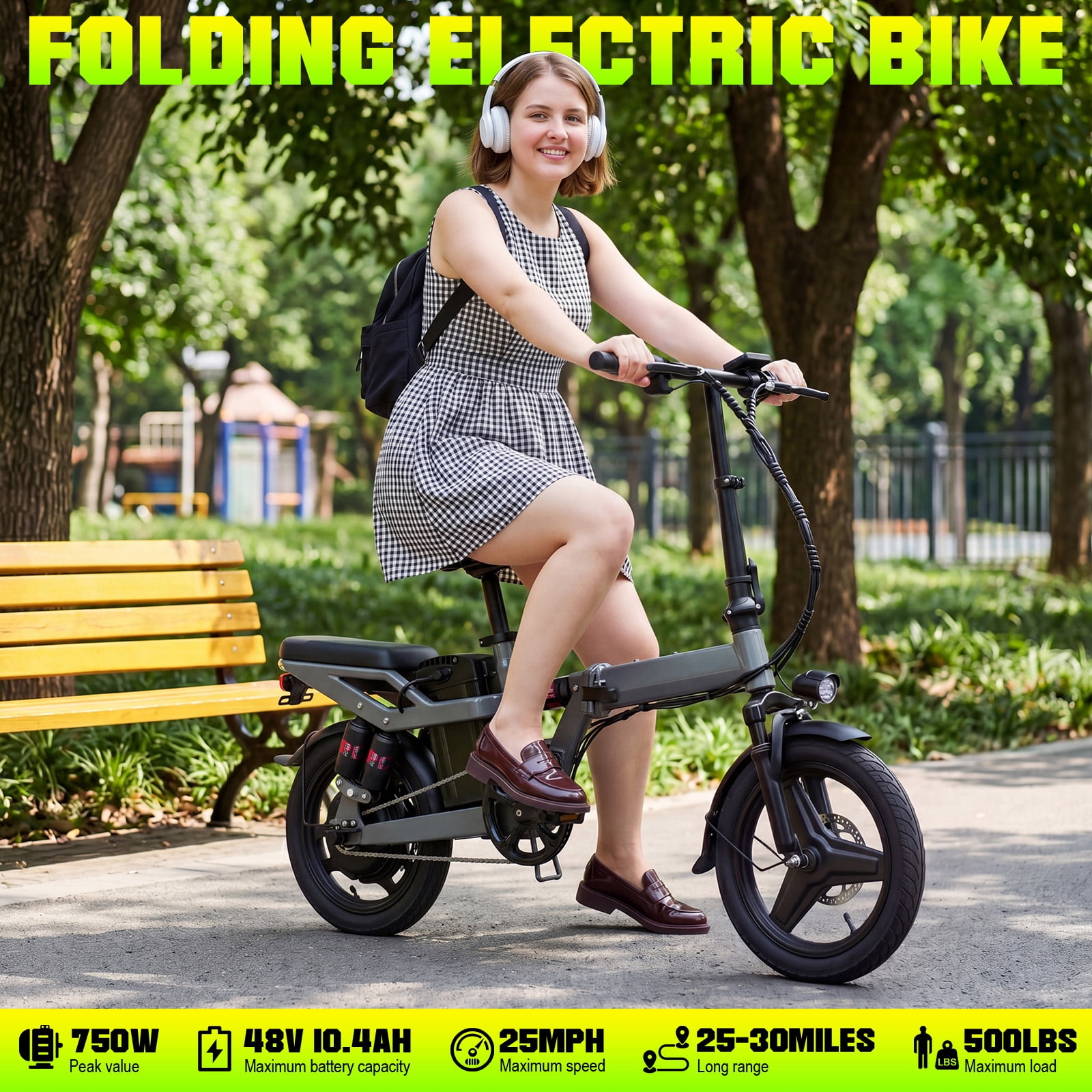 14 in Adult Folding Electric Bicycle, 750W Peak Motor, 25-30 Mile Range, 500 Lb High Load Capacity, Front And Rear Disc Brakes + Five-Fold Shock Absorption, Led Smart Display, Equipped With Combinati