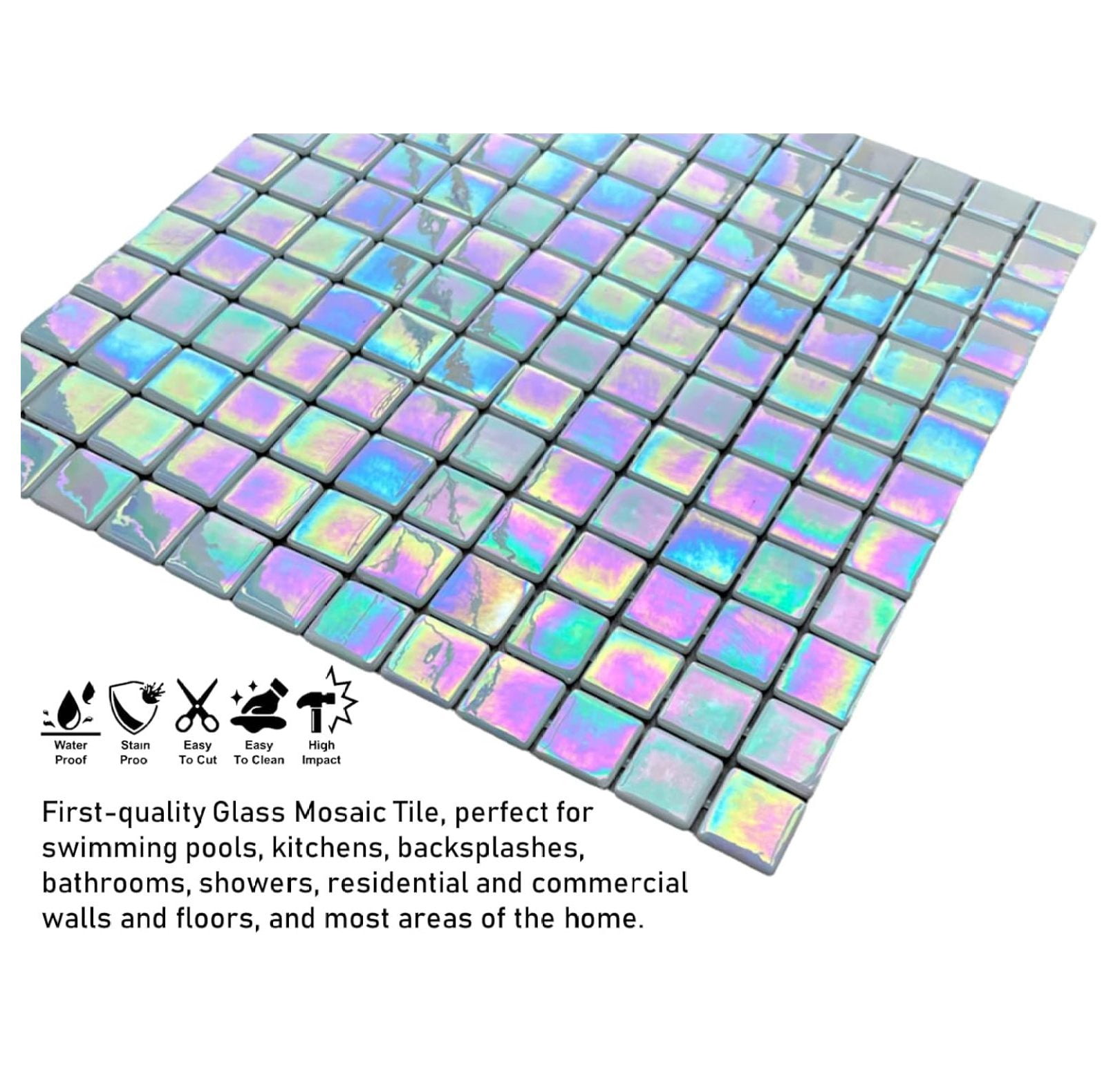 Square Iridescent Recycled Glass Mosaic Floor and Wall Tile for Kitchen Backsplash, Swimming Pool Tile, Bathroom Wall, Accent Wall, (Not Peel and Stick Tile) (1 Sheet, White)