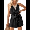 thumbnail image 1 of Mono Corto Sexy de Verano para Mujer con Cuello en V, Sin Mangas, Informal, con Lazo en la Cintura y Bolsillo, 2025 Negro L, 1 of 8