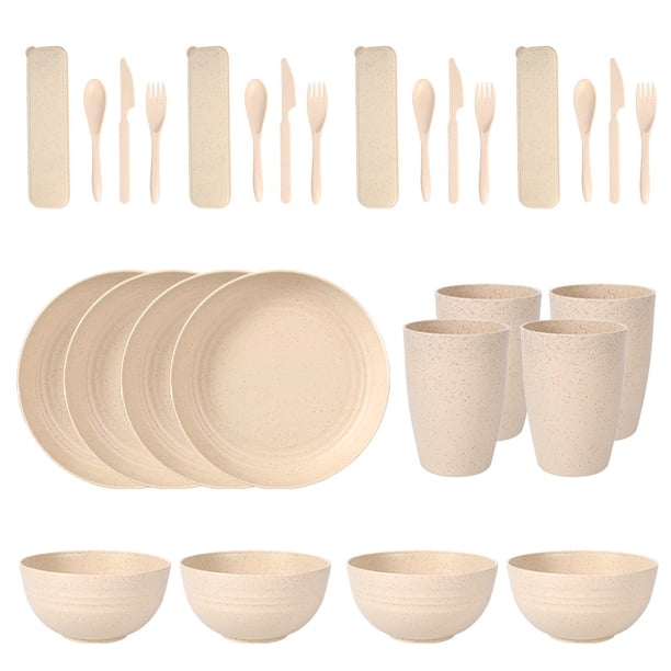 Nvzi 28pcs Wheat Straw Dinnerware Sets for 4 - Lightweight Unbreakable - Microwave Dishwasher Safe - Perfect for Picnic, Dorm,Camping Plates Cups and Bowls Set -Beige