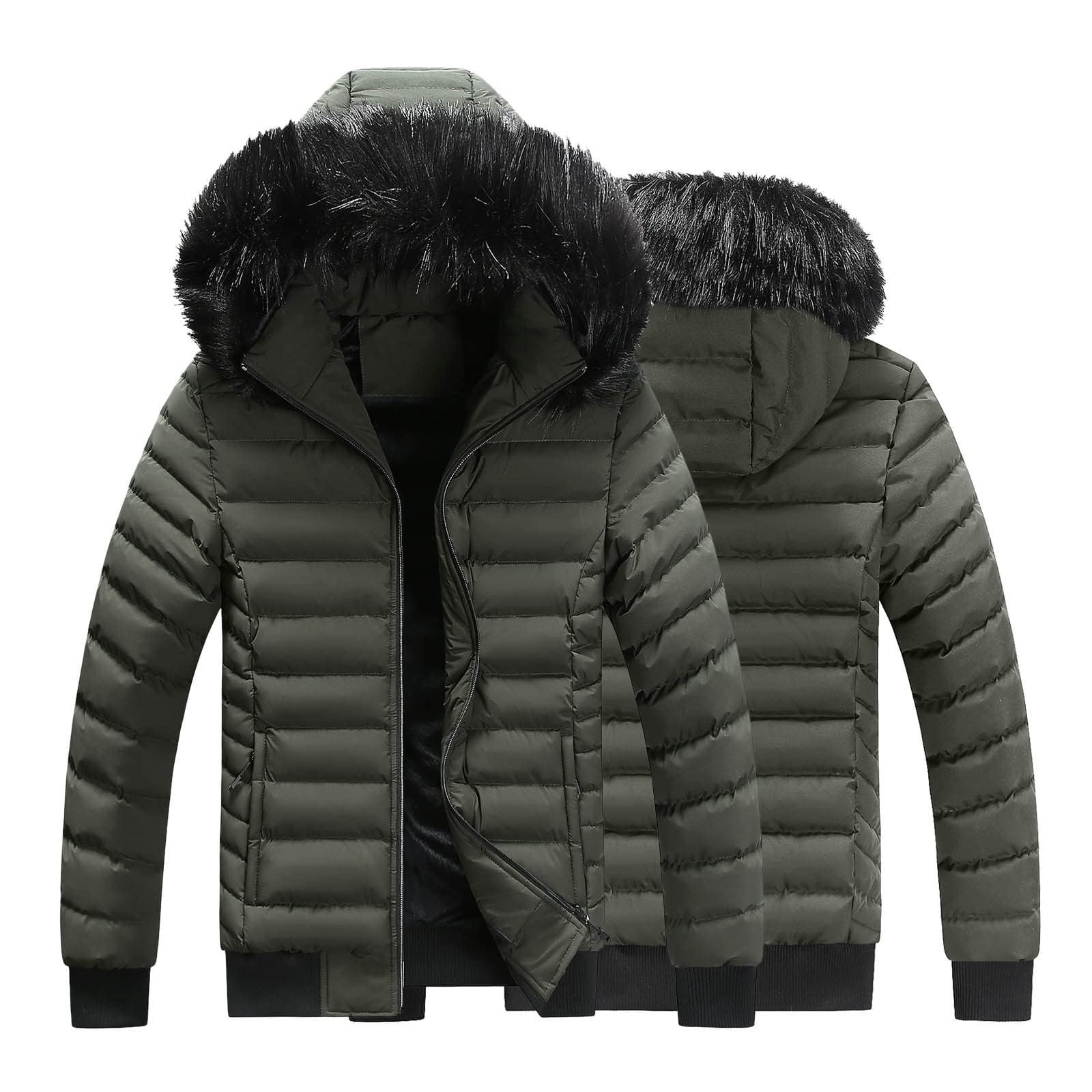 Mens Puffer Jacket with Faux Fur Hood Full Zip Up Hooded