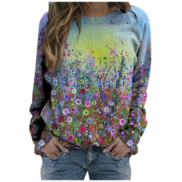 Sudadera de manga larga con estampado de cuello redondo para mujer Blusa informal Tops Pompotops gfhjh3298