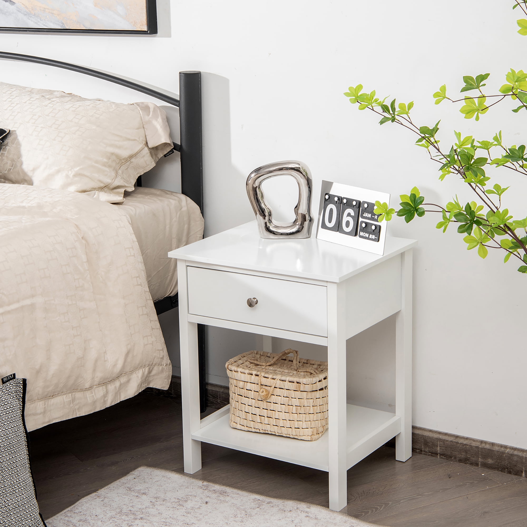 Costway Nightstand with Drawer Storage Shelf Wooden Bedside Sofa Side Table White