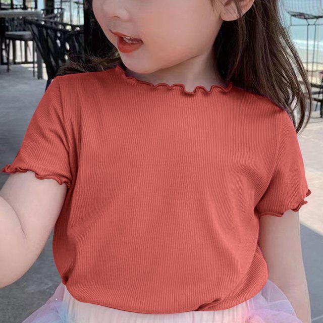AherBiu T-Shirts Filles Manches Courtes à Volants Hauts en Coton Doux Col Rond Décontracté Couleur Unie 1-9 Ans