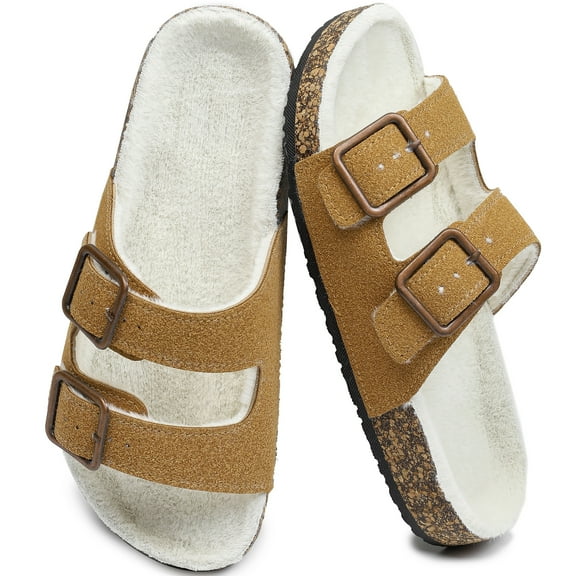 Northblanc Women's Sandals Cork Footbed Fur Lined Slides Double Adjustable Buckle Winter House Shoes