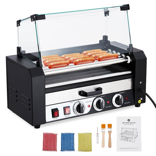 Parrilla Eléctrica de 5 Rodillos para Hot Dogs – 12 Hot Dogs – Control Dual de Temperatura – Cajón Calienta Panes – Tapa de Vidrio – Temporizador – Acero Inoxidable