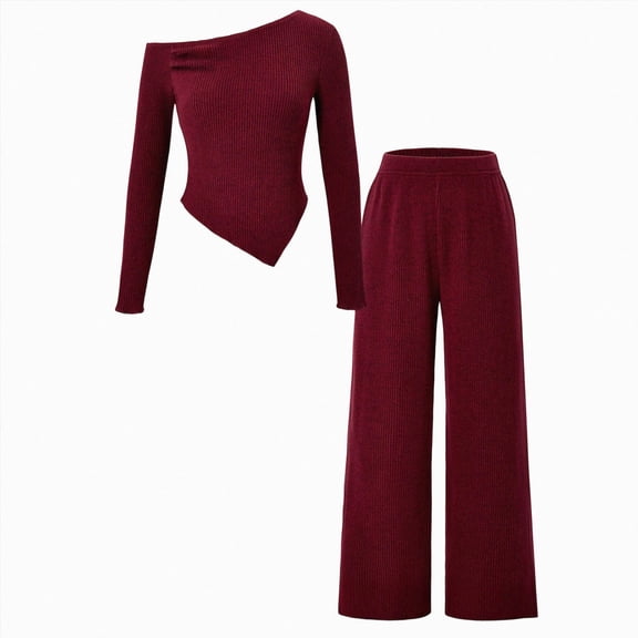 mgoYE Tween Girls Clothes Long Sleeve Off Shoulder Top Wide Leg Pants 2 Piece Outfit Set