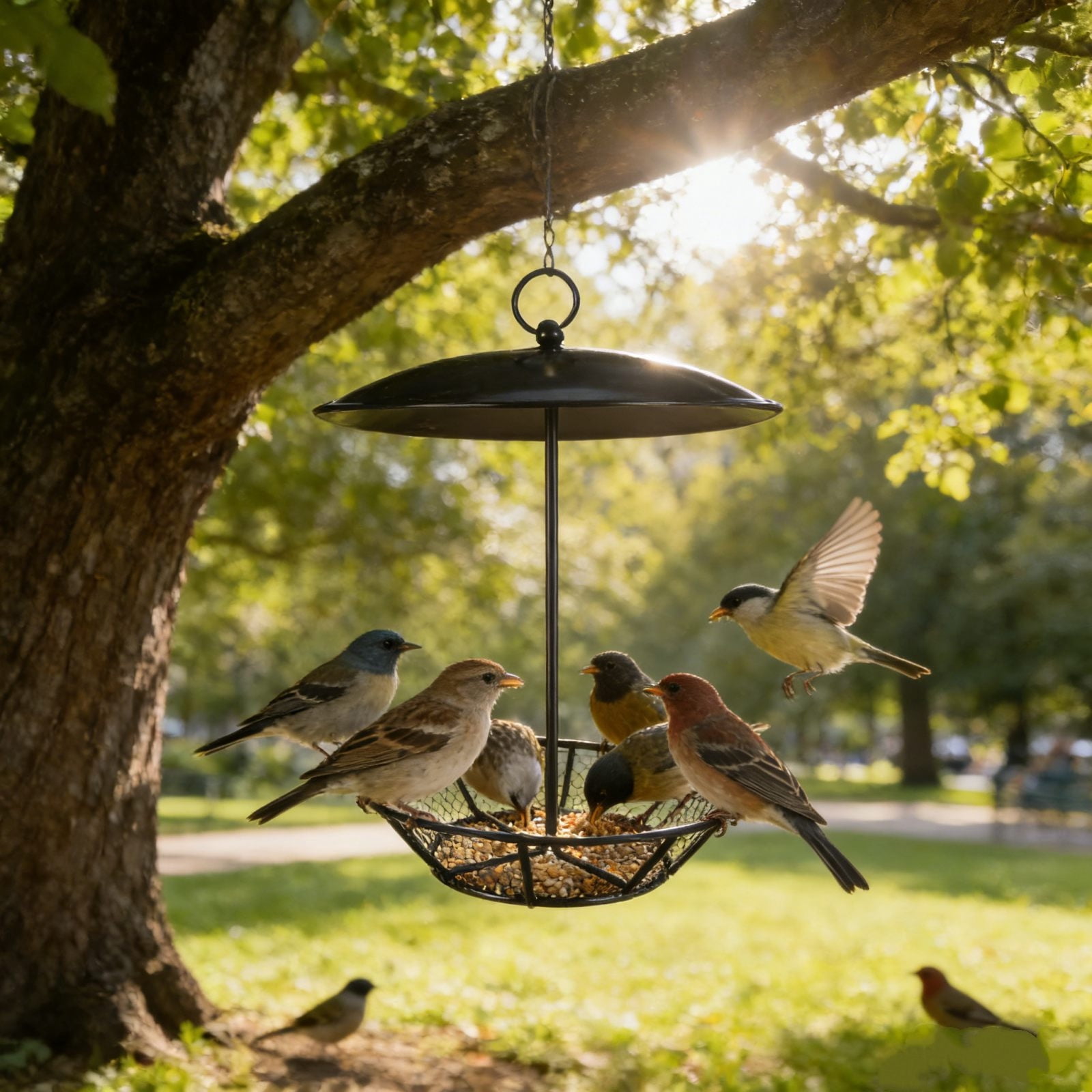 WKSCLPAI Wrought Iron Bird Feeder Hanging Outdoor Squirrel-proof with Seed Cake Holder for Backyard Garden Heavy Duty Rust Proof Metal Water-proof Wild Bird Feeding Station