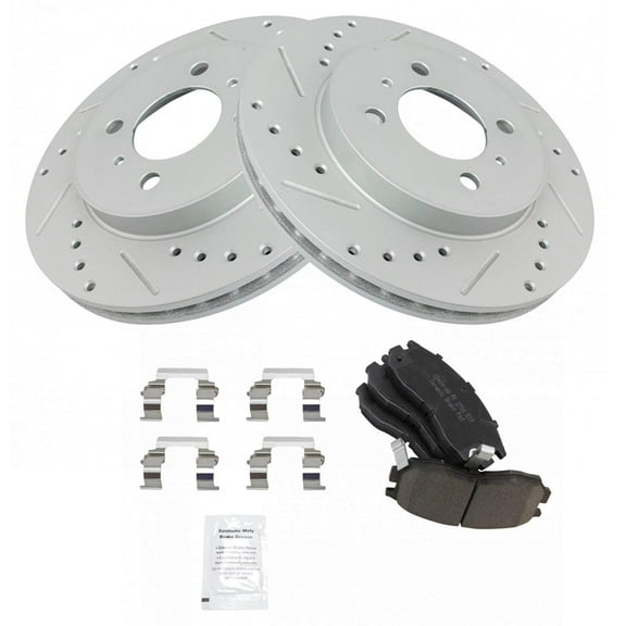 TRQ Front Performance Brake Pad & Rotor Kit Brake Pads Brake Rotors Set Ceramic Premium G-Coated Fits Select 1999-2002 Mitsubishi Mirage
