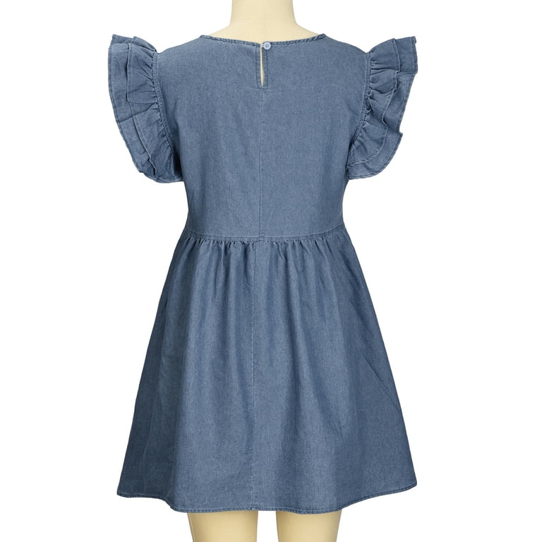 Jinhomg Womens Denim Dresses Trendy Ruffle Trim Off Shoulder Dress Plus Size Casual Flare Sleeve Jean Dresses 2025 Summer Midi Dress with Pockets Blue L