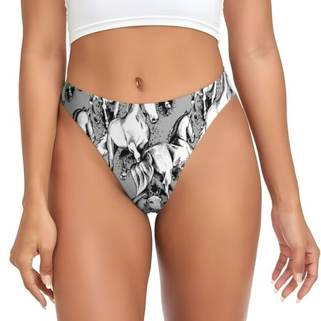 Sketch Cute Horse Black White Thongs for Women - No Show Seamless Womens Thongs Underwear  Stretch G String Thongs for Women  Ladies Breathable Thong Bikini Panties Briefs