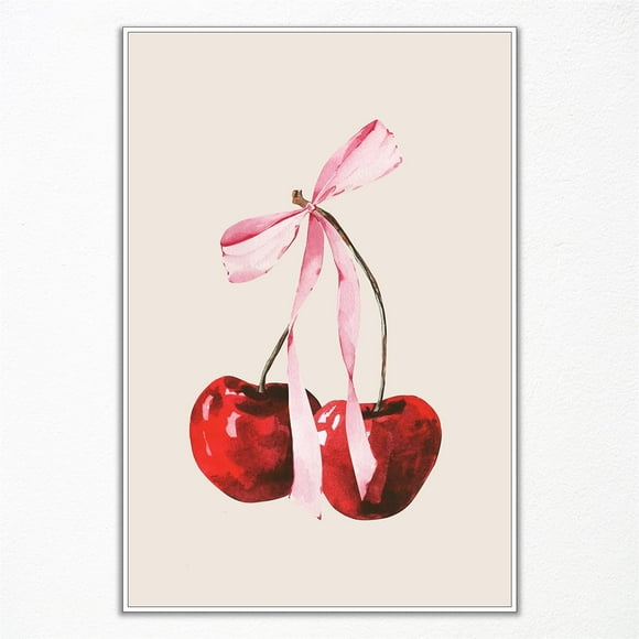 Red Cherry Canvas Wall Art, Cherry Pink Bow Poster for Girl Bedroom, Coquette Feminine Poster, Trendy Bow Art, Preppy College Apartment Print, Coquette Girly Wall Art for Bedroom 12x16in Unframed