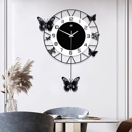 Silent Butterfly Wall Clock 50cm by 33cm Black Metal and MDF Modern Design Large Easy Read Numbers Quartz Movement Indoor Wall Decor