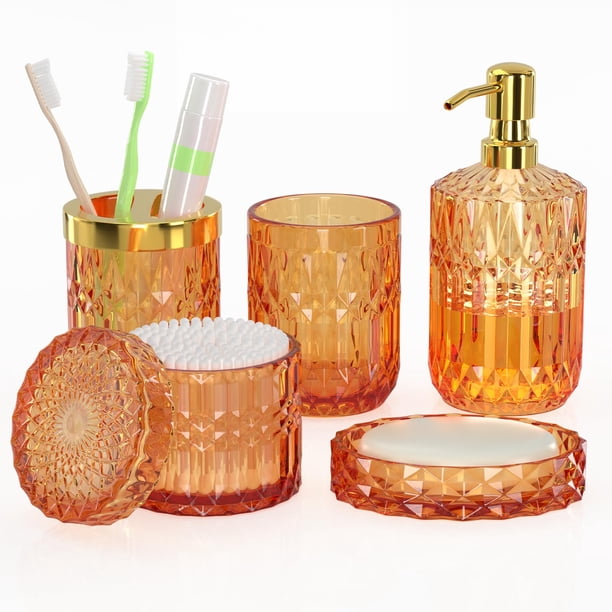 Juego De Accesorios De Baño Naranja, 5 Piezas, Accesorios De Baño De Vidrio Con Loción, Dispensador De Jabón, Jabonera, Soporte Para Cepillo De Dientes, Vaso, Tarros De Hisopo De Algodón