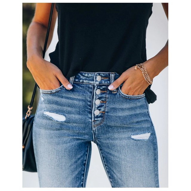 High Waist Women's Jeans 2022 Auttmn Button Fly Women Trousers Ripped Hollow-Out Jeans for Women Streetwear Straight Leg Jeans zhangyuxiang LED