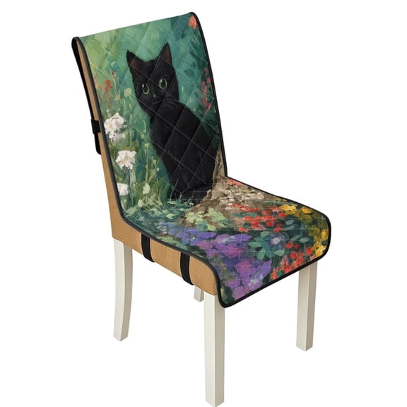 TSOVTHRID Black Cat Floral Print Quilted Dining Room Chair Covers Stretchy Chair Cushion Slipcovers with Detachable Strap Soft Seat Cushion Covers for Kitchen, Set of 1