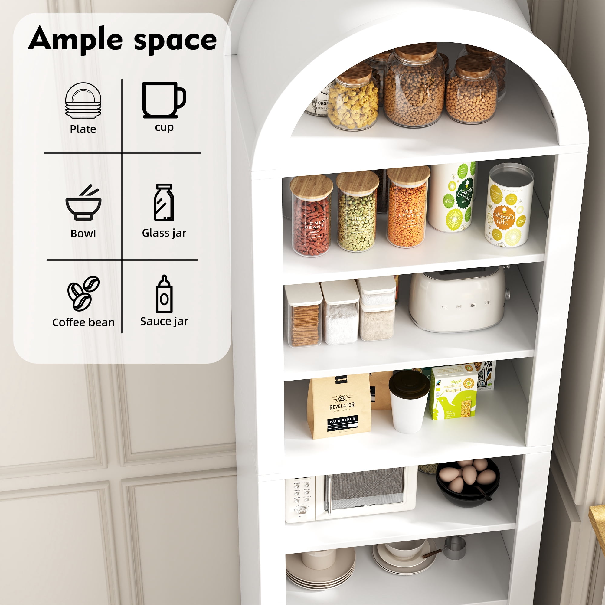 NEYGLIM 71" Tall Arched Storage Cabinet, 8-Tier Adjustable Shelves, Freestanding Pantry Cabinet for Kitchen Bathroom, White