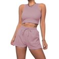 thumbnail image 2 of Women Summer Lounge Sets Casual Waffle Knit Crop Top Shorts Outfits 2 Piece Sets Sleepwear Pink XXL, 2 of 9