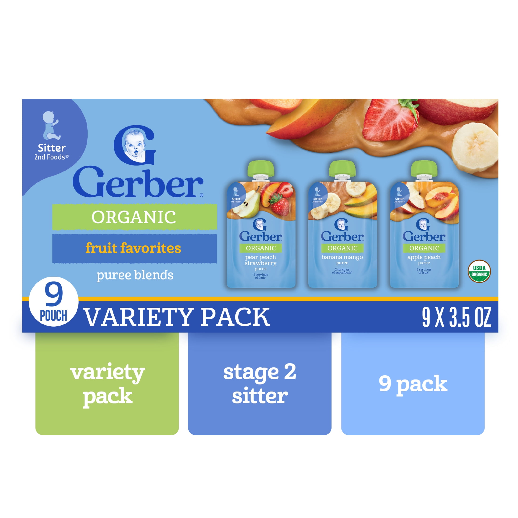Gerber Stage Baby Food, Organic Fruit Puree Variety Pack, oz