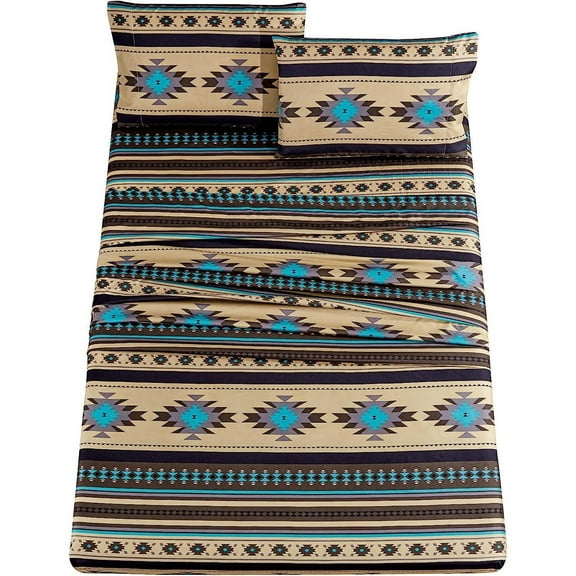Bilot Prescott 4-Piece Southwestern Geometric Tribal Multicolor Teal Beige Black Gray Sheet Set, Queen Size