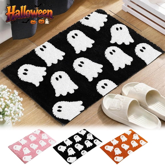 Qocolcyl Ghost Bathroom Mat Orange Halloween Bath Rug 24 x 16 Inch Cute Non Slip Spooky Ghost Bathroom Decoration Plush Microfiber Rug Halloween Decor for Home Bedroom Shower Floor