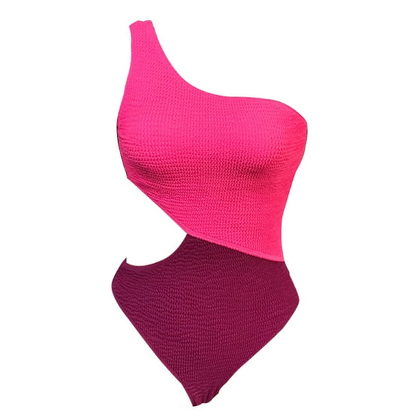 Traje de baño sexy de un solo hombro de color rojo rosa para mujer, traje de baño creativo abierto de lado