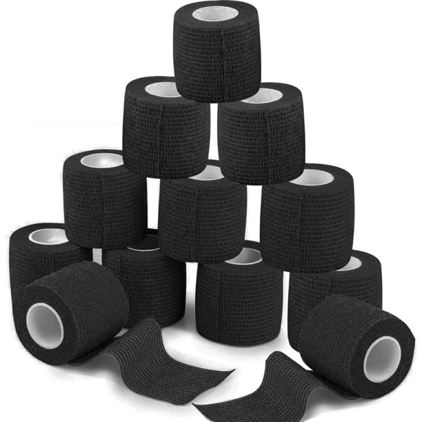 Cinta autoadhesiva - 12 rollos - 5 cm x 4,5 m - Rollo de vendaje - Fijación elástica - Autoenvolvente - Para deportes - Venda para muñecas de gatos, perros y caballos - Negra