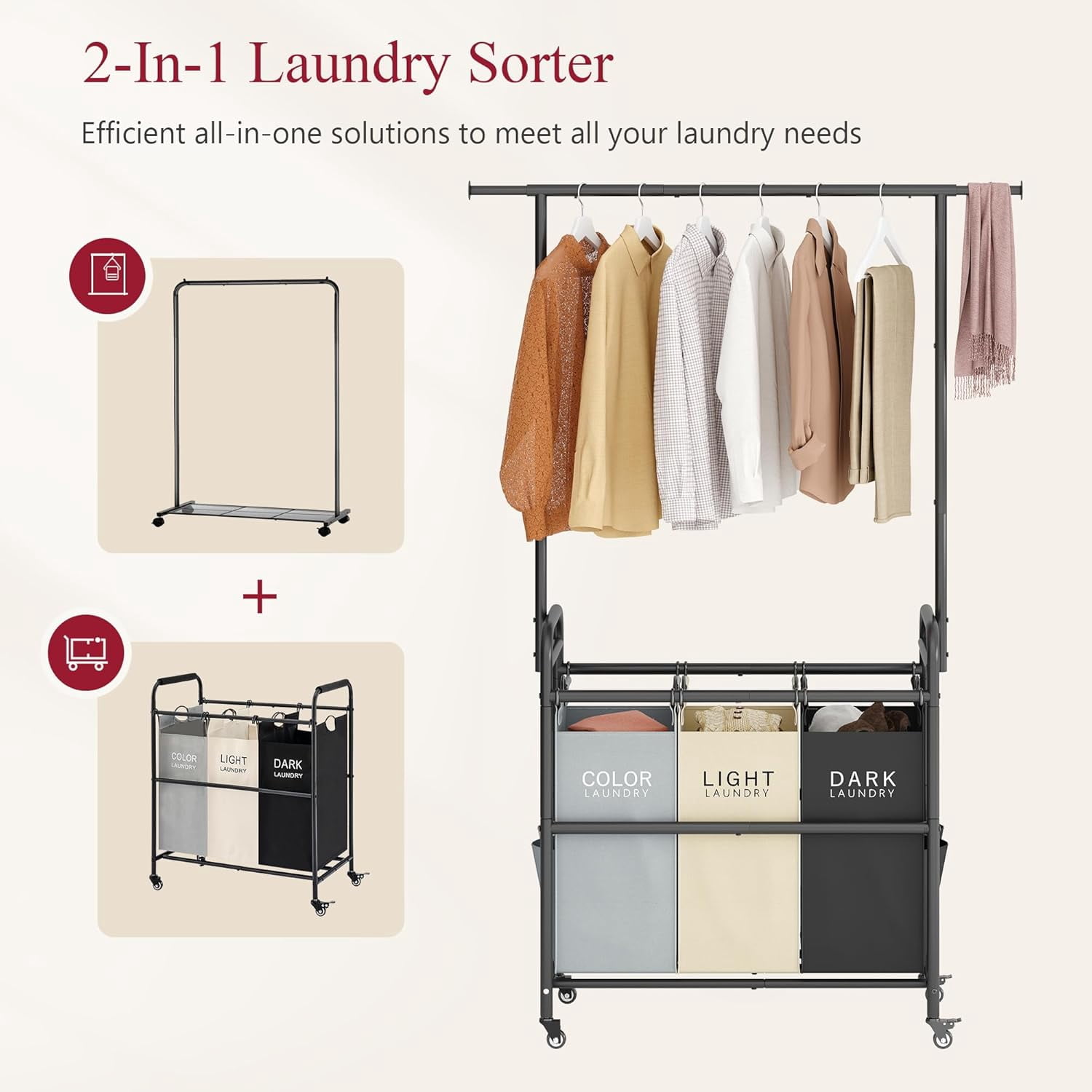 Laundry Sorter Cart with Hanging Clothes Rack, 3 Butler Sorter Basket Organizer, Laundry Hamper Cart with Heavy Duty Rolling Lockable Wheels, 3 Colors