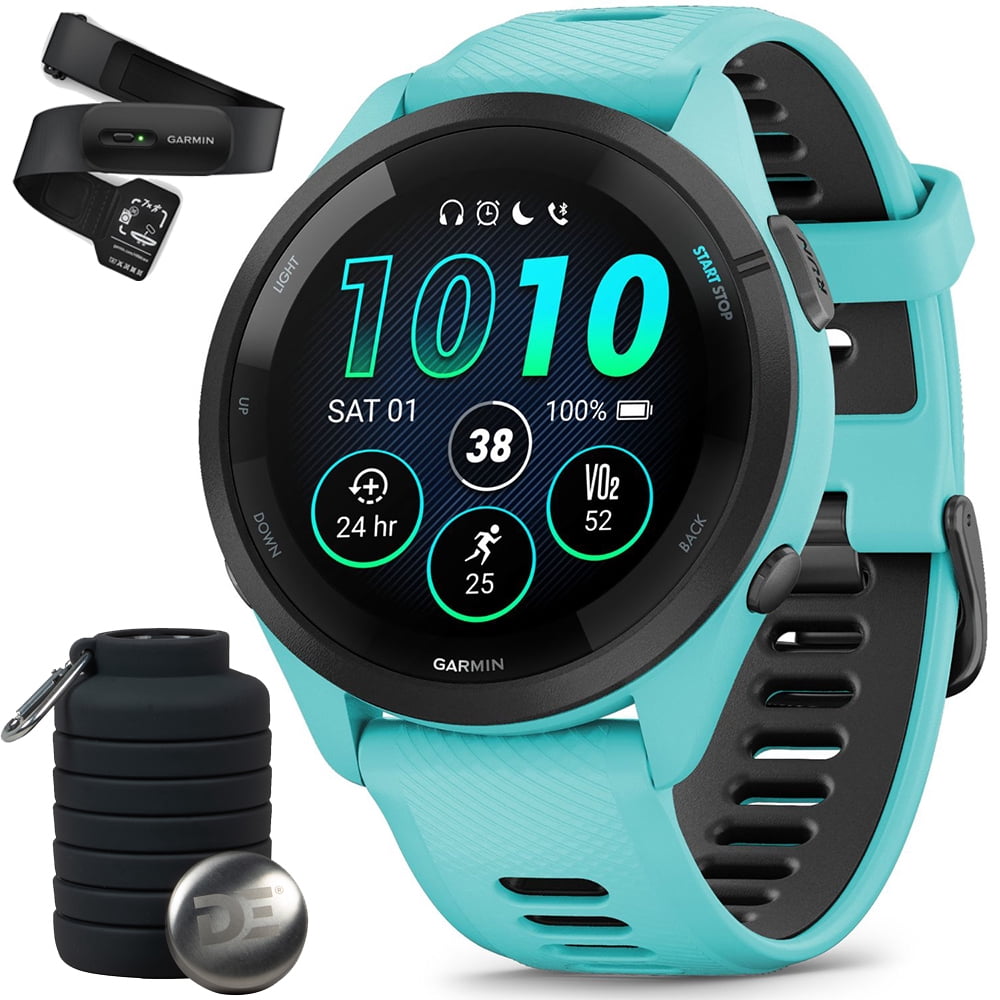 Garmin 010-02810-02 Forerunner 265 GPS Smartwatch Aqua/Black Bundle with Garmin Heart Rate Monitor Accurate Heart Rate & HRV Data Washable Strap M-XL and Deco Essentials Collapsable Water Bottle