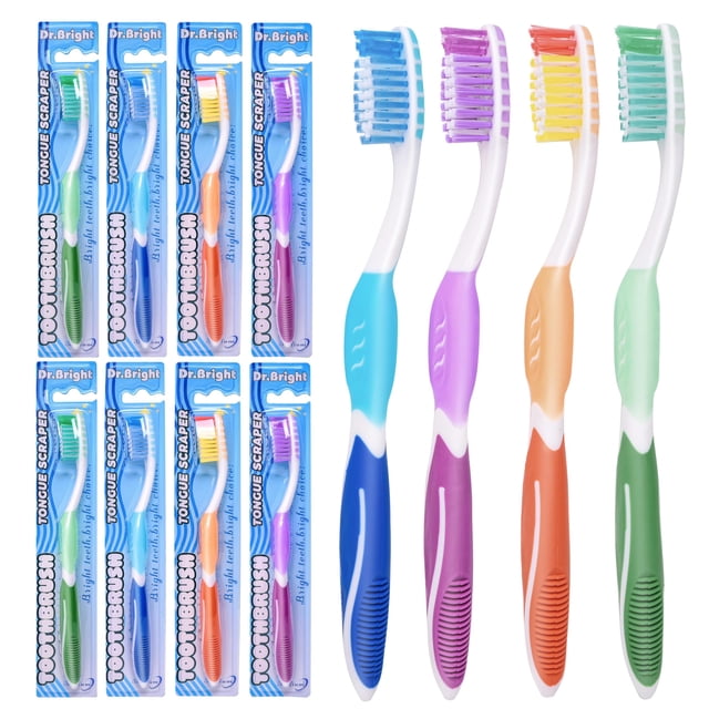 Cepillo de dientes DR.BRIGHT para adultos de tamaño mediano con raspador lingual, paquete de 8