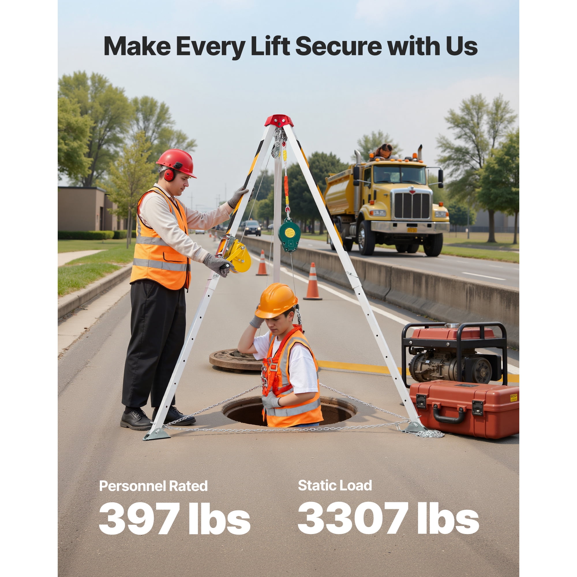 KFFKFF Confined Space Tripod Kit with Adjustable Legs, 1200 lbs Lifting Capacity, 65 ft Cable, 32.8 ft Fall Protection, 4.40-7.05 ft Working Height, Portable Design