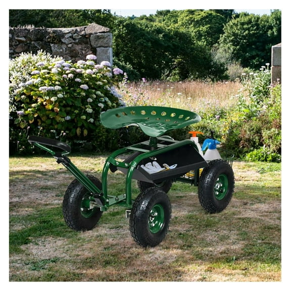 Garden Cart Heavy Duty with Tool Tray & 360 Swivel Seat - Outdoor Rolling Garden Work Cart, 330 lbs Capacity, Adjustable Height, Steel Frame, Green - for Gardening & Yard Work
