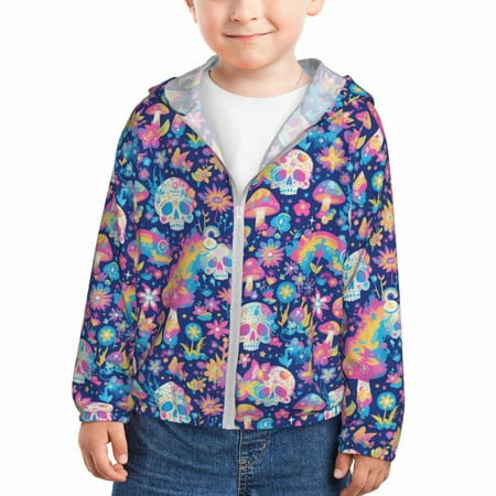 

Gaeub mushroom Skull rainbow color Print Athletic Sun Protection Hoodie for Kids Long Sleeve Outdoor UV Shirt Running Fishing Top for Boys Girls-5 Years