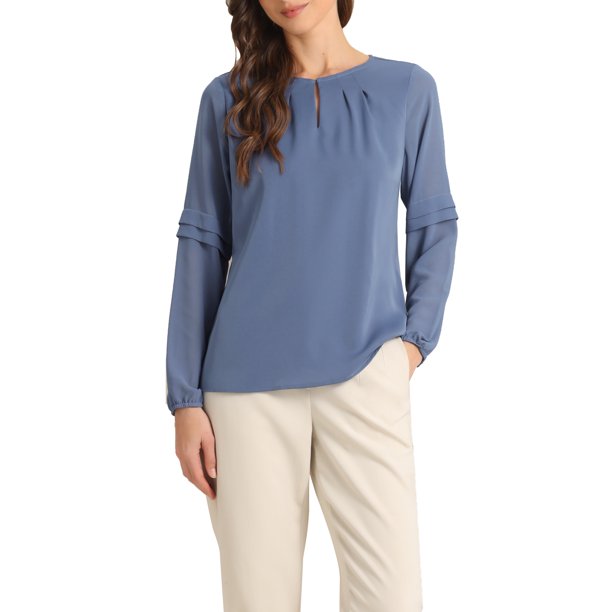 INSPIRAR CHIC Blusa de gasa para mujer con cuello de ojal, mangas de patchwork, elegante top de trabajo M azul