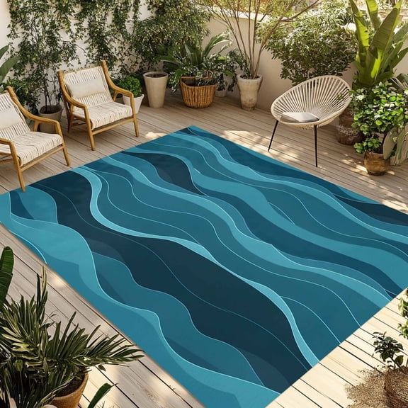 Fsddascl Turquoise Teal Ombre Outdoor Rug for Patio/Deck/Porch, Non-Slip Large Area Rug 5 x 8 Ft, Watercolor Waves Abstract Indoor Outdoor Rugs Washable Area Rugs, Reversible Camping Rug Carpet