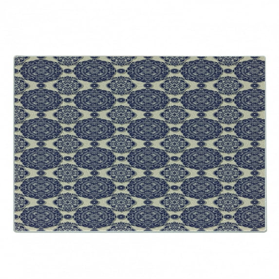 Mandala Cutting Board, Ornamental Flower Pattern Shadow Effect Royal Retro Revival Medieval Exotic, Decorative Tempered Glass Cutting and Serving Board, Small Size, Beige Navy Blue, by Ambesonne
