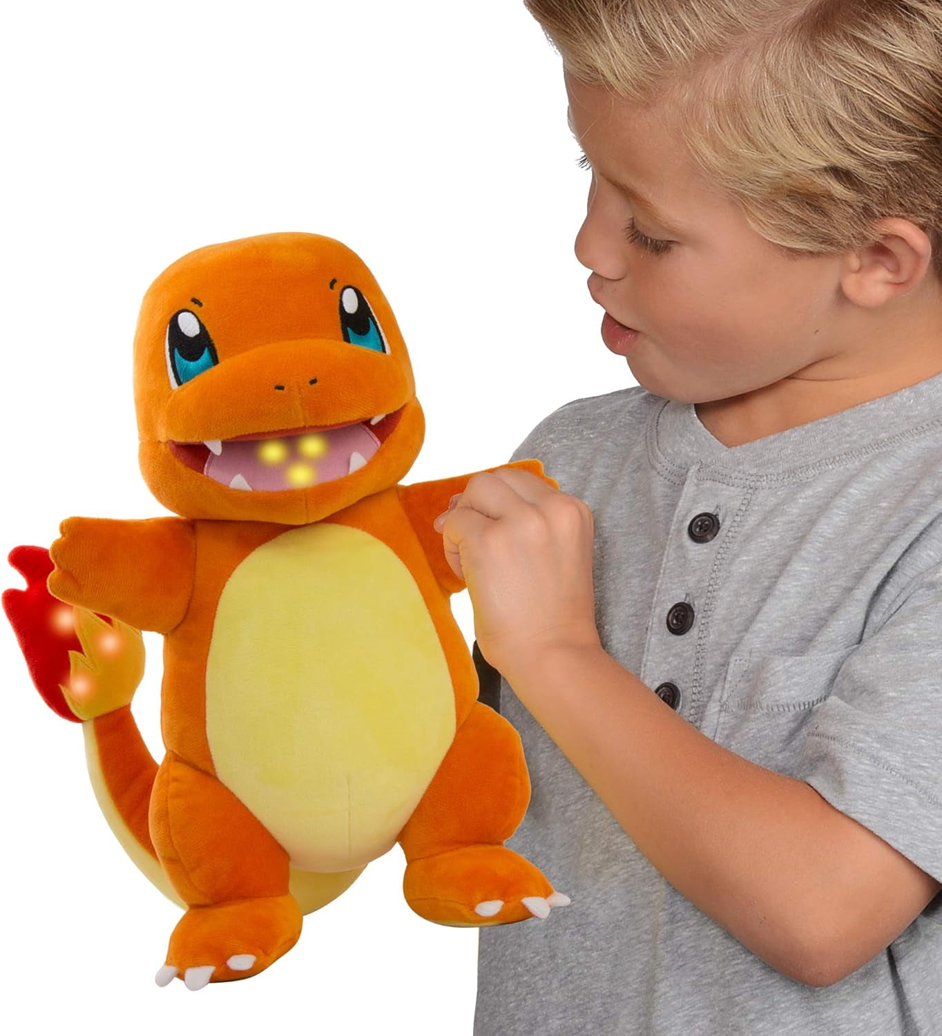 Pokemon 10" Flame Action Charmander Plush - Interactive w/Lights & Fire Sounds - Light Up Tail & Mouth w/Sound Effects & Voices - Officially Licensed Gift for Kids, Boys, Girls - Ages 4+