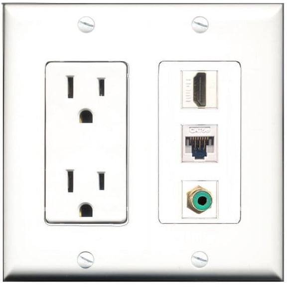 RiteAV - 15 Amp Power Outlet 1 Port HDMI 1 Port RCA Green 1 Port Cat5e Ethernet White Decorative Wall Plate