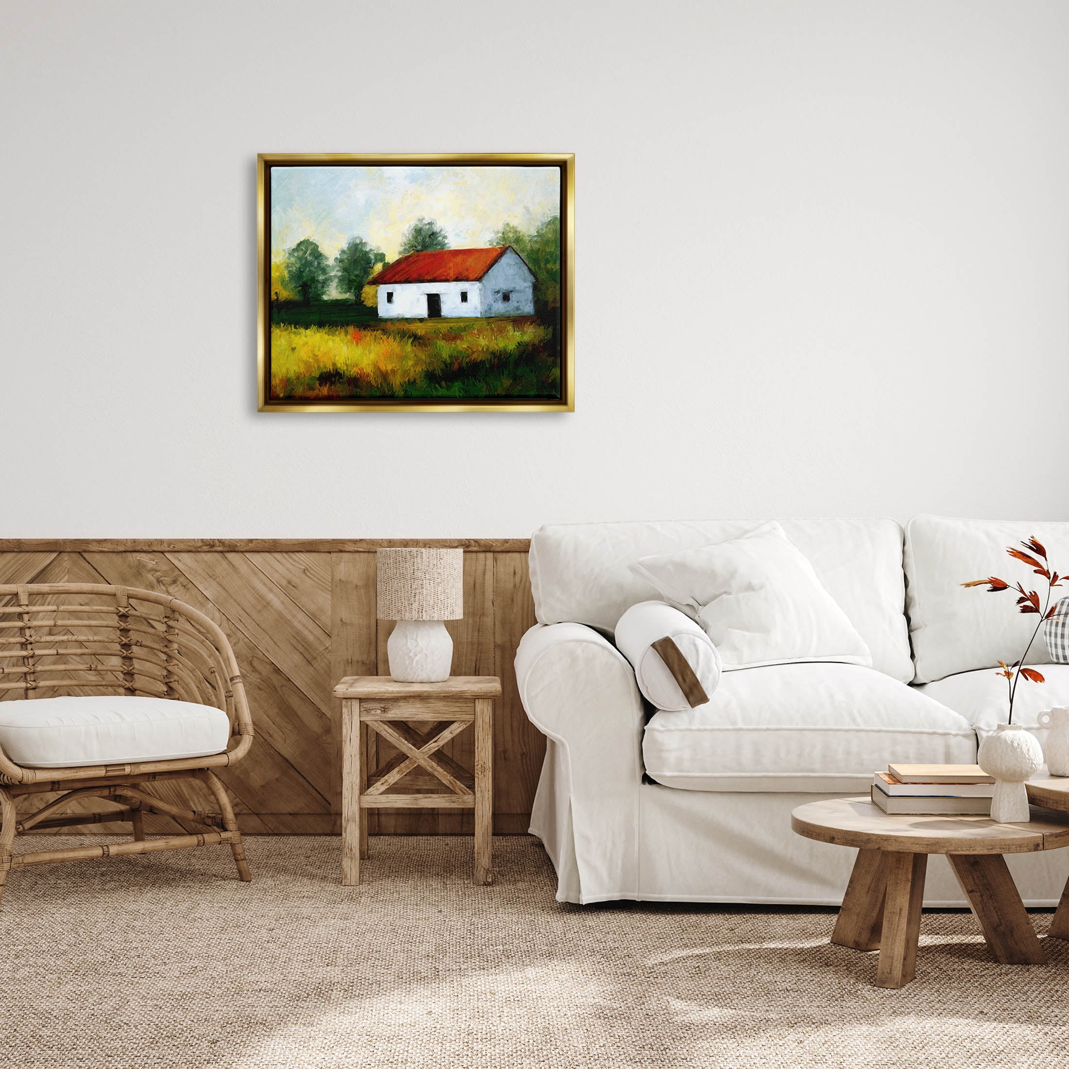 Stupell Industries Countryside Meadow Cottage Landscape Painting Metallic Gold Floating Framed Canvas Print Wall Art, Design by Ziwei Li