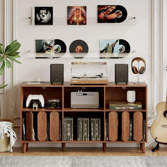 BouPower 55" Large Record Player Stand, Wood Rustic Vinyl Record Storage Cabinet with Charging Station, 2 Outlets & USB Ports, Modern Wide Turntable Stand with Open Shelves Holder Walnut