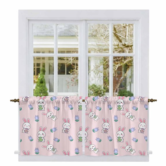 Easter Bunny Tier Curtains 24 Inch Length, Cute Rabbits Eggs Tulips Flowers Rustic Pink Cafe Short Curtains for Bathroom Over Sink, Small Kitchen Curtain Light Filtering Drapes 2 Panels 27.5"Wx24"L