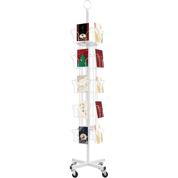 Rotating Greeting Card Rack, 20-Pocket Greeting Card Display Stand Rotating Rack Holder, for Postcard Brochures Holiday Gift Card, Thrift Store Grocery Retail (White)