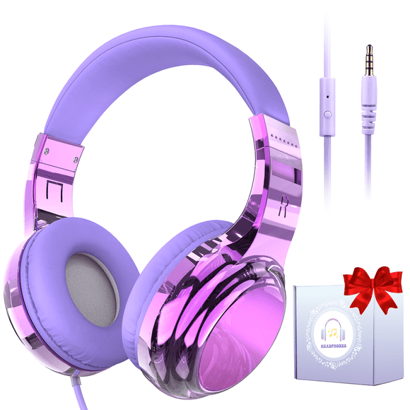 QearFun Headphones for Girls Kids for School, Kids Wired Headphones with Microphone & 3.5mm Jack, Teens Noise Cancelling Headphone with Adjustable Headband for Tablet/Smartphones Christmas Gift