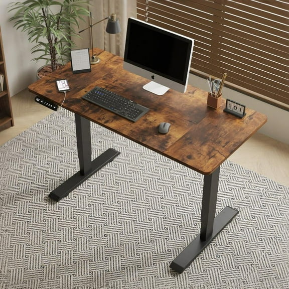 Electric Standing Desk 48x24 Inch, Height Adjustable Desk, Sit Stand Computer Desk for Office with Reinforced Dual Beam Steel Frame, 4 Memory Presets, Anti-Collision, Home Office Workstation, Brown